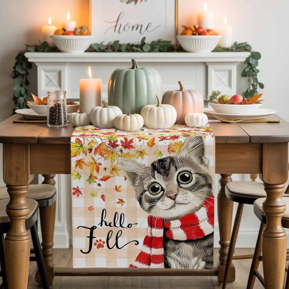 Hello Fall Cotton Linen Table Runner, Washable Table Runners for Kitchen, Dining Room, Holiday, Home Party Table Decor, 13x36 Inches