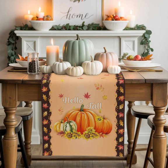 Hello Fall Cotton Linen Table Runner, Washable Table Runners for Kitchen, Dining Room, Holiday, Home Party Table Decor, 13x36 Inches