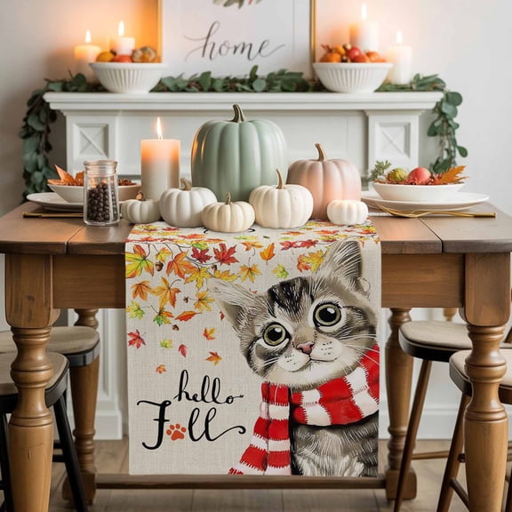 Hello Fall Cotton Linen Table Runner, Washable Table Runners for Kitchen, Dining Room, Holiday, Home Party Table Decor, 13x36 Inches