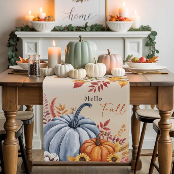 Hello Fall Cotton Linen Table Runner, Washable Table Runners for Kitchen, Dining Room, Holiday, Home Party Table Decor, 13x36 Inches