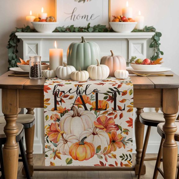 Hello Fall Cotton Linen Table Runner, Washable Table Runners for Kitchen, Dining Room, Holiday, Home Party Table Decor, 13x48 Inches