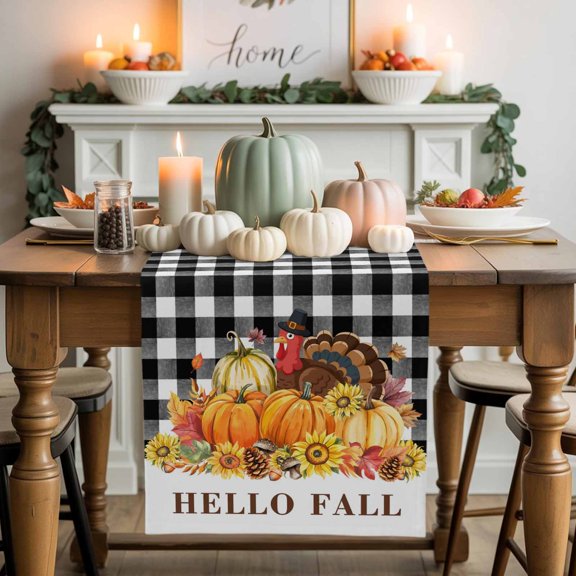 Hello Fall Cotton Linen Table Runner, Washable Table Runners for Kitchen, Dining Room, Holiday, Home Party Table Decor, 13x48 Inches