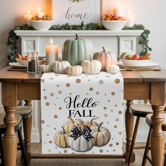 Hello Fall Cotton Linen Table Runner, Washable Table Runners for Kitchen, Dining Room, Holiday, Home Party Table Decor, 13x48 Inches