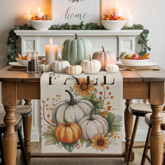 Hello Fall Cotton Linen Table Runner, Washable Table Runners for Kitchen, Dining Room, Holiday, Home Party Table Decor, 13x48 Inches