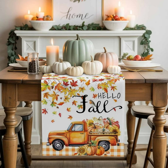 Hello Fall Cotton Linen Table Runner, Washable Table Runners for Kitchen, Dining Room, Holiday, Home Party Table Decor, 13x90 Inches