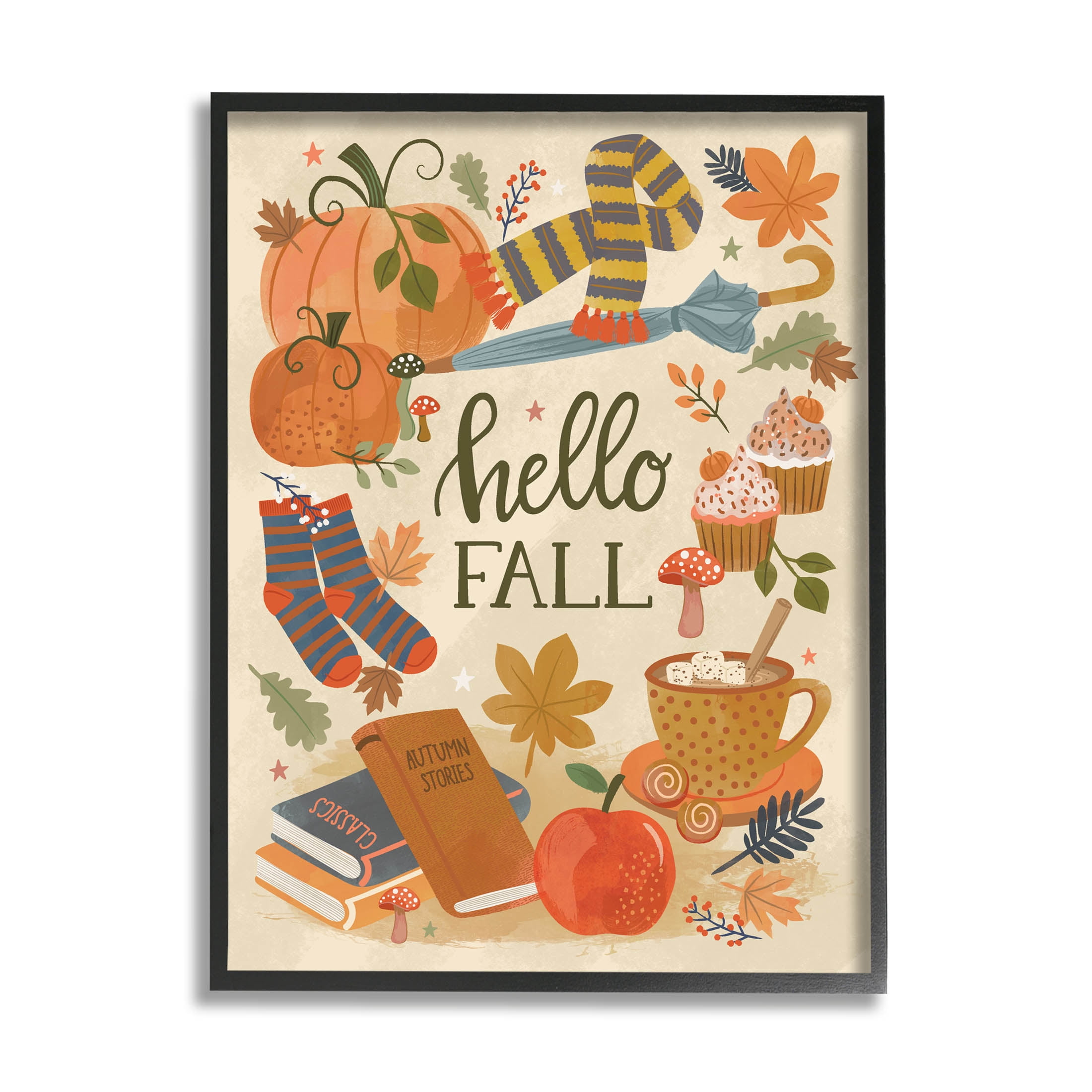 Hello Fall Cozy Autumn Items Holiday Graphic Art Black Framed Art Print Wall Art