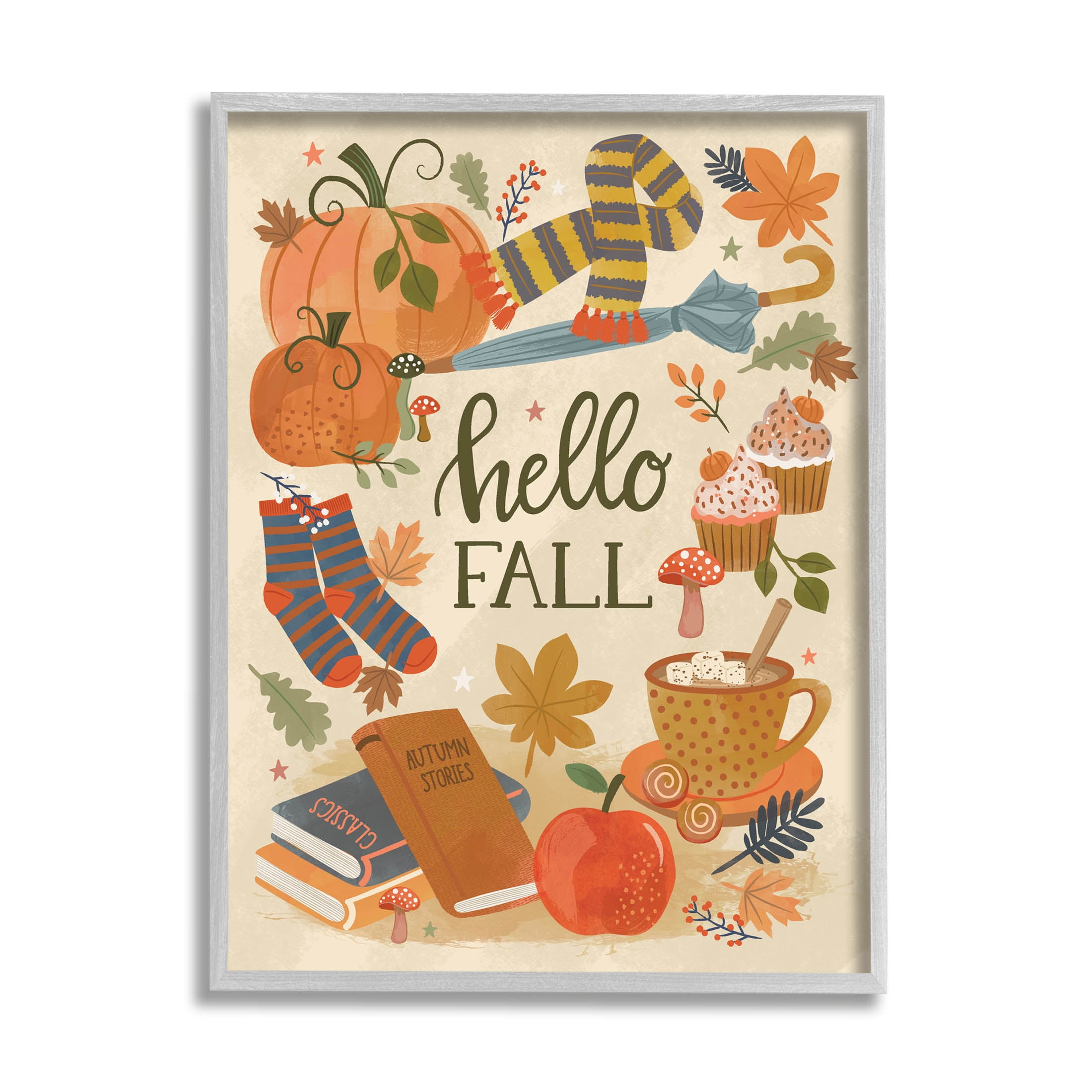 Hello Fall Cozy Autumn Items Holiday Graphic Art Gray Framed Art Print Wall Art