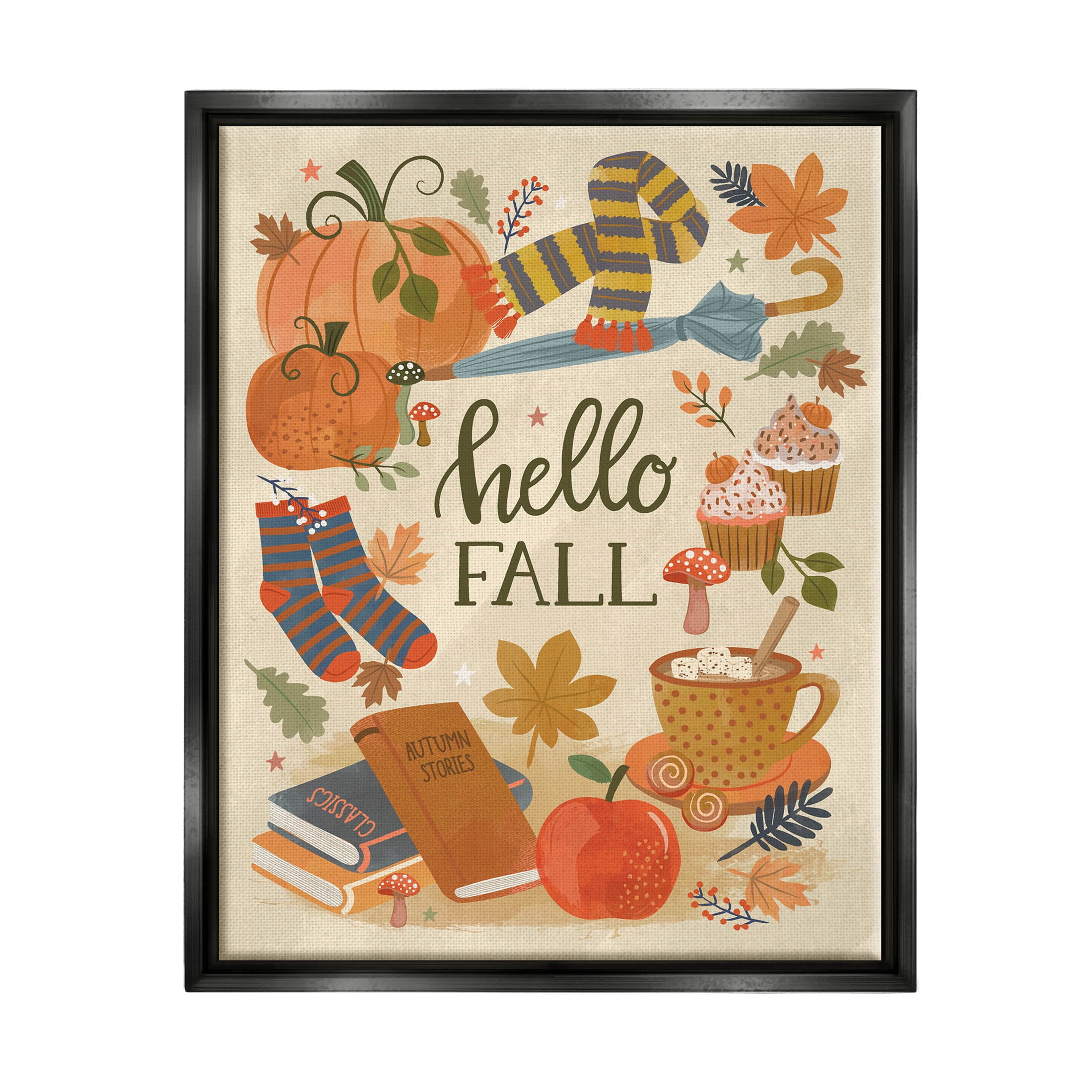Hello Fall Cozy Autumn Items Holiday Graphic Art Jet Black Framed Art Print Wall Art