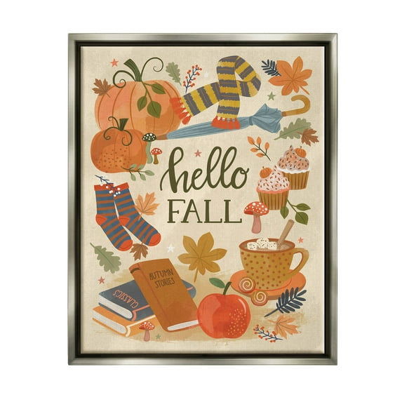 Hello Fall Cozy Autumn Items Holiday Graphic Art Luster Gray Framed Art Print Wall Art