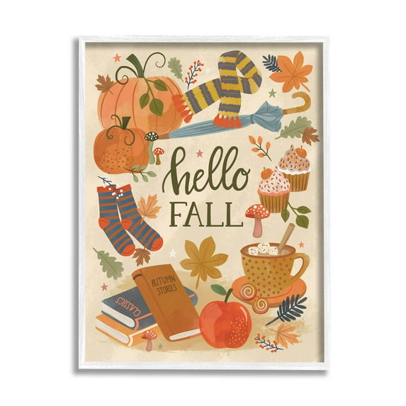 Hello Fall Cozy Autumn Items Holiday Graphic Art White Framed Art Print Wall Art