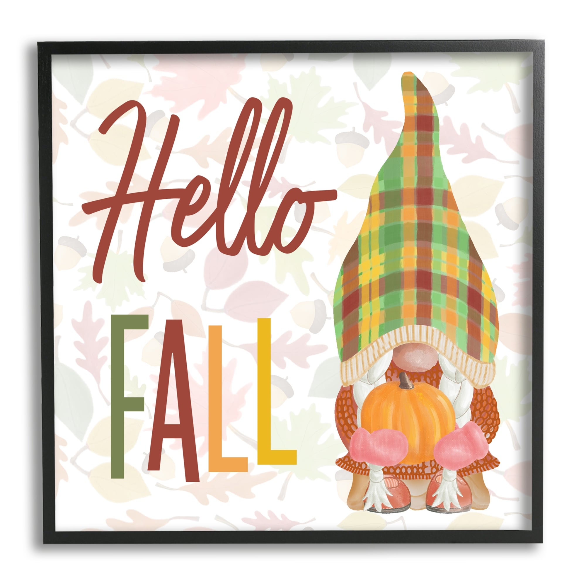 Hello Fall Cozy Tartan Gnome Holding Pumpkin Inspirational Graphic Art Framed Art Print Wall Art