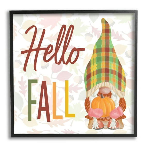 Hello Fall Cozy Tartan Gnome Holding Pumpkin Inspirational Graphic Art Framed Art Print Wall Art