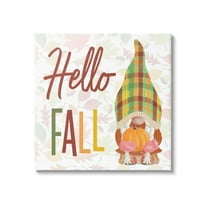 Hello Fall Cozy Tartan Gnome Holding Pumpkin Inspirational Graphic Art Gallery-Wrapped Canvas Print Wall Art