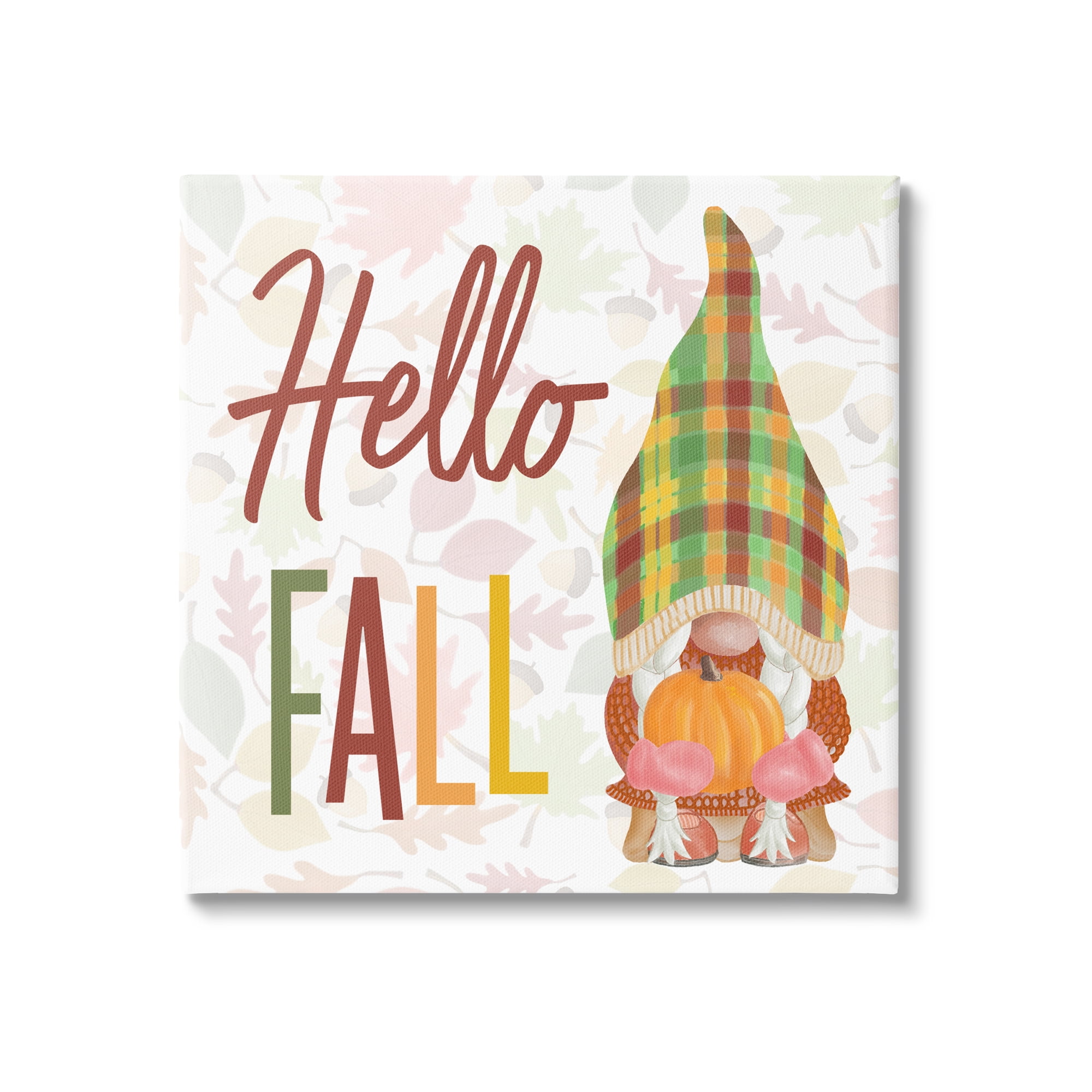 Hello Fall Cozy Tartan Gnome Holding Pumpkin Inspirational Graphic Art Gallery-Wrapped Canvas Print Wall Art