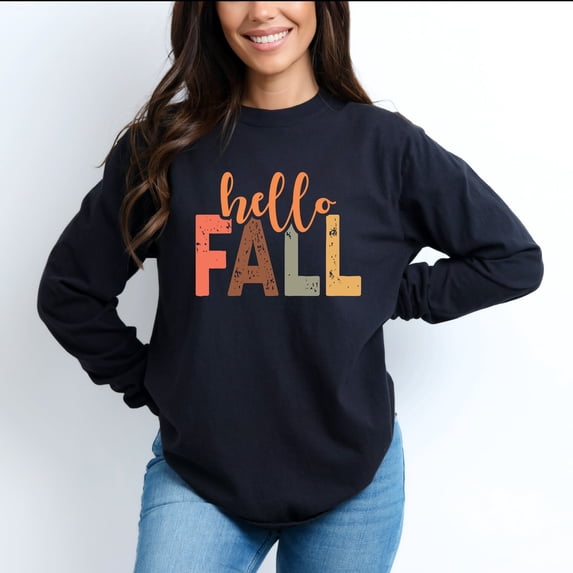 Hello Fall Cursive Block - Women's Garment Dyed Long Sleeve Graphic T-Shirt