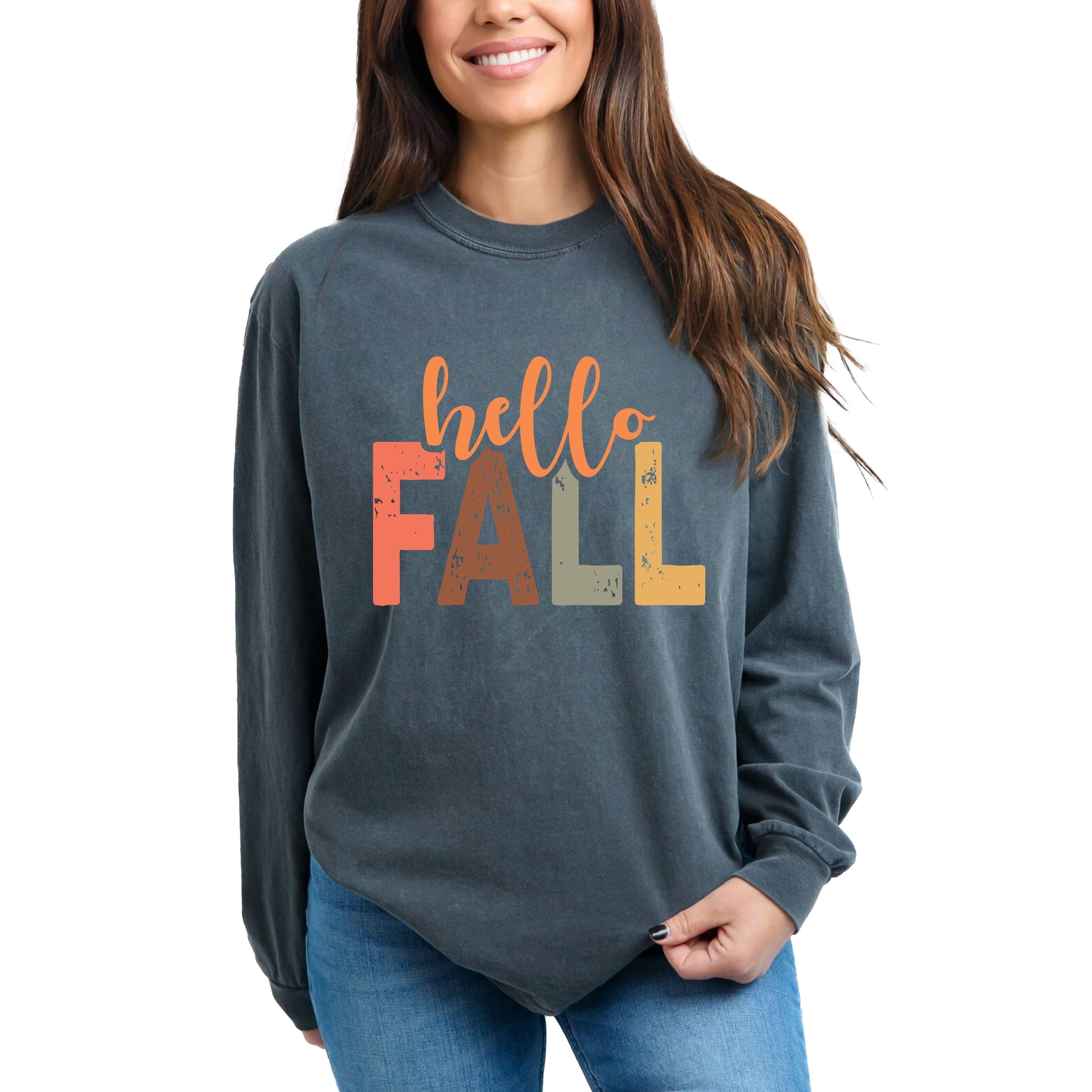 Hello Fall Cursive Block - Women's Garment Dyed Long Sleeve Graphic T ...