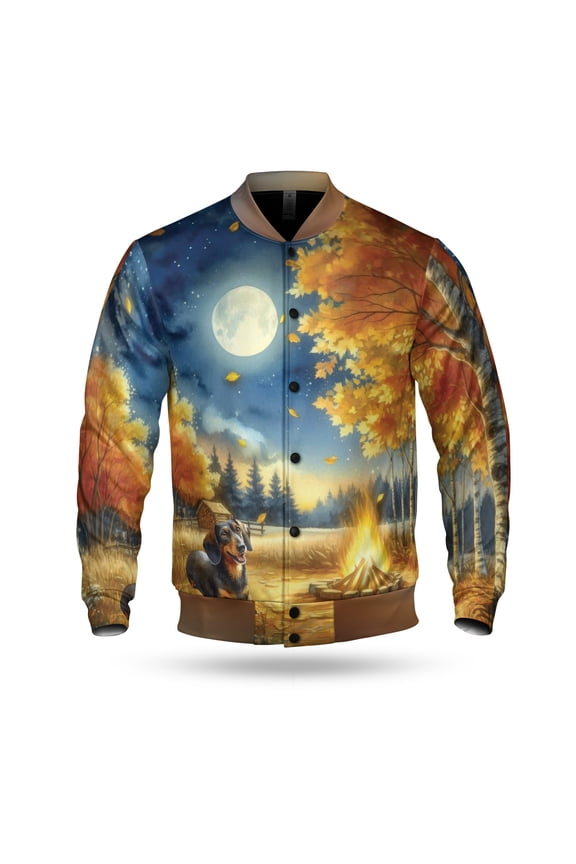 Hello Fall Dachshund Enjoys Warm Campfire Autumn Night Bright Moon All Over Print 3D Baseball Jacket Wiener Dog Lover Gifts Idea Bomber Jacket Softball - 01008