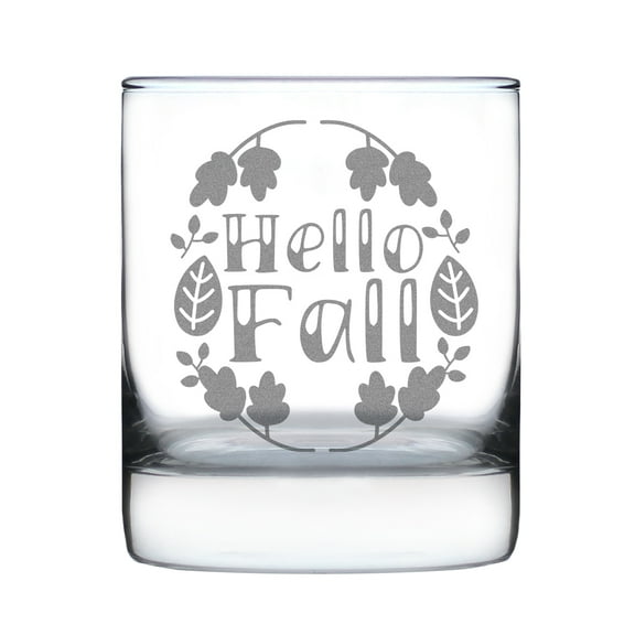 Hello Fall Design 10oz Rocks Glass Hand Engraved Seasonal Decor Autumn Gift, Leaves Etched Glass, Barware
