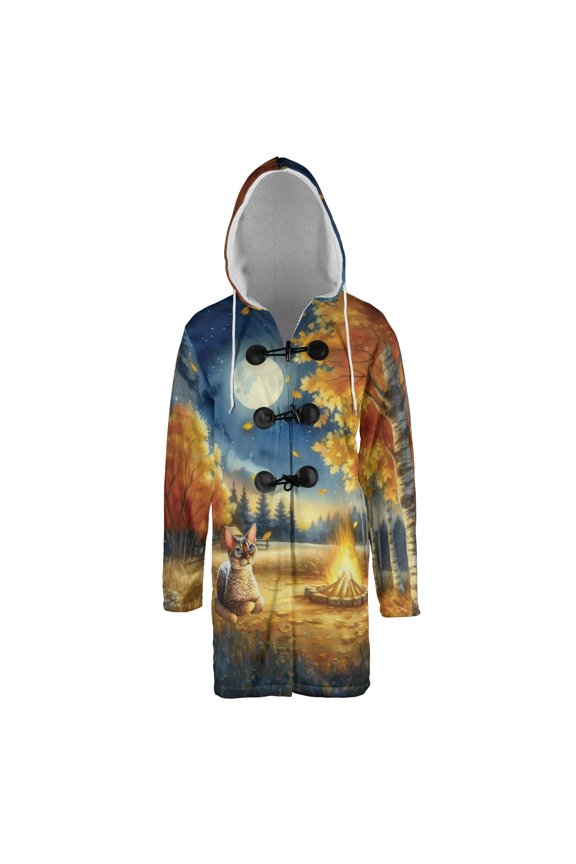 Hello Fall Devon Rex Enjoys Warm Campfire Autumn Night Bright Moon All Over Print 3D Hooded Duffle Toggle Coat Cat Lover Kitten Owner Gifts - 01008