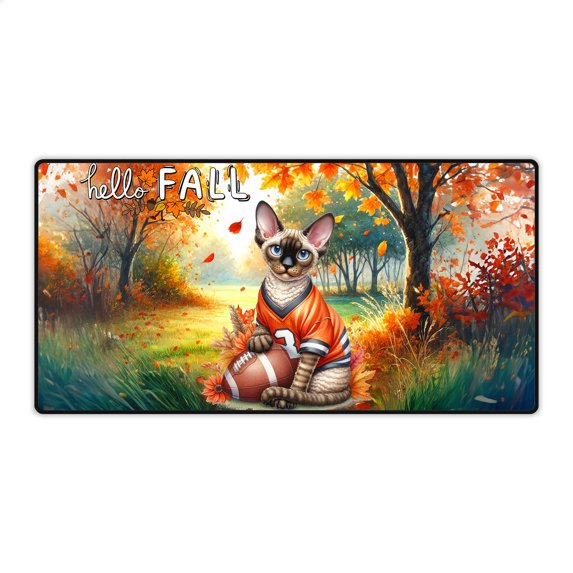 Hello Fall Devon Rex Football Welcome Autumn with Leaves Pumpkins Desk Mat Full Keyboard Mouse Pad Cat Lover Kitten Owner Gifts Large Mousepad - 00012