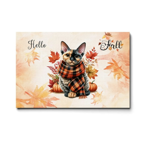 Hello Fall Devon Rex Scarf Welcome Autumn with Leaves Pumpkins Horizontal Matte Canvas Poster Cat Lover Kitten Owner Gifts Wall Art Home Decor - 00011
