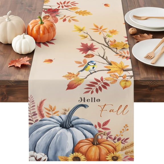 Hello Fall Dining Table Runner, Thanksgiving Pumpkin Flower Leaves Plants Washable Table Runners Kitchen Coffee Table Center Decor for Home Party Holiday Wedding 13 x 36 Inches