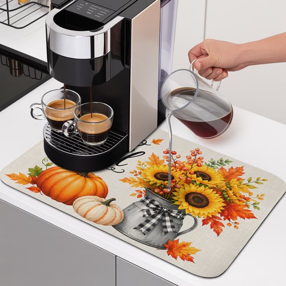Hello Fall Dish Drying Mats for Kitchen Counter, Thanksgiving Vintage Orange Pumpkin Sunflower Maple Leaves Absorbent Coffee Bar Mat with Non-slip Rubber Backed Quick Drying Dish Rack Pad 16"x18"