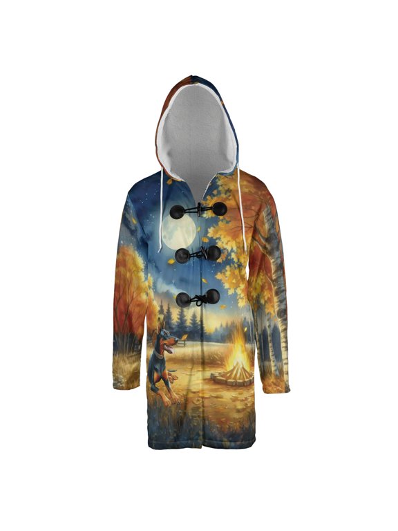 Hello Fall Doberman Pinscher Enjoys Warm Campfire Autumn Night Bright Moon All Over Print 3D Hooded Duffle Toggle Coat Doberman Dog Lover Gifts - 01008
