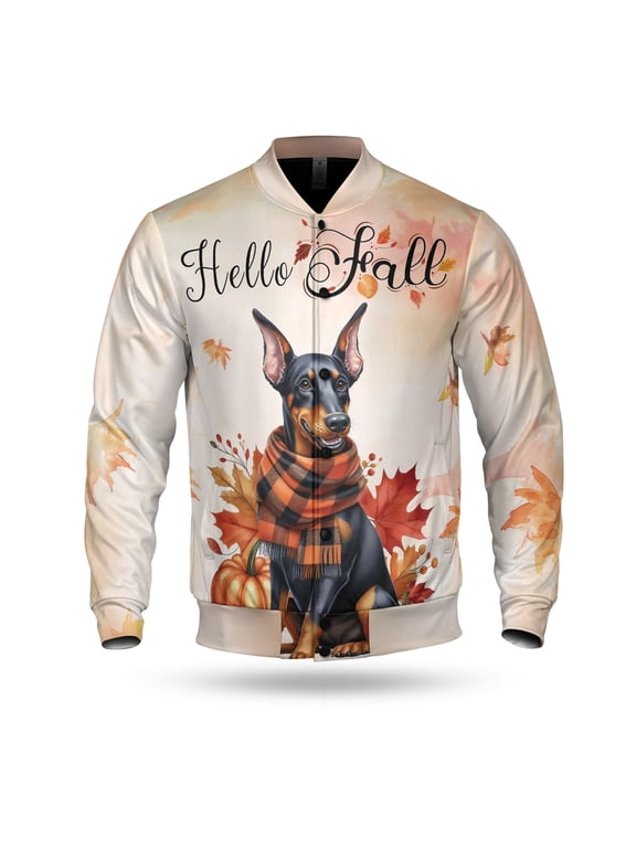 Hello Fall Doberman Pinscher Scarf Welcome Autumn with Leaves Pumpkins All Over Print 3D Baseball Jacket Doberman Dog Lover Gifts Bomber Jacket Softball - 00011