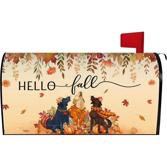 Hello Fall Dog Mailbox Cover 21x18 Inch, Autumn Maple Leaf Post Letter Box Covers, Harvest Thanksgiving Magnetic Waterproof Mail Wraps for Outdoor Yard Garden Standard Mailbox Decor