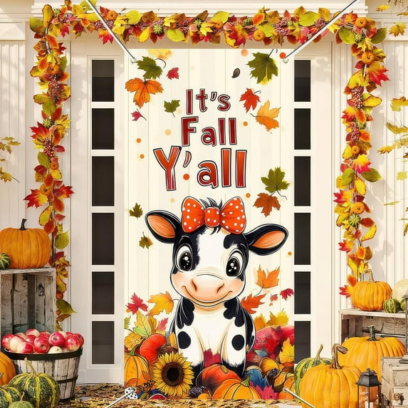 Hello Fall Door Cover Thanksgiving Backdrop Pumpkin Sunflower Wagon Field 71x35 Inch Rustic Autumn Banner for Porch Wall Decor Fall Harvest Photo Booth Props