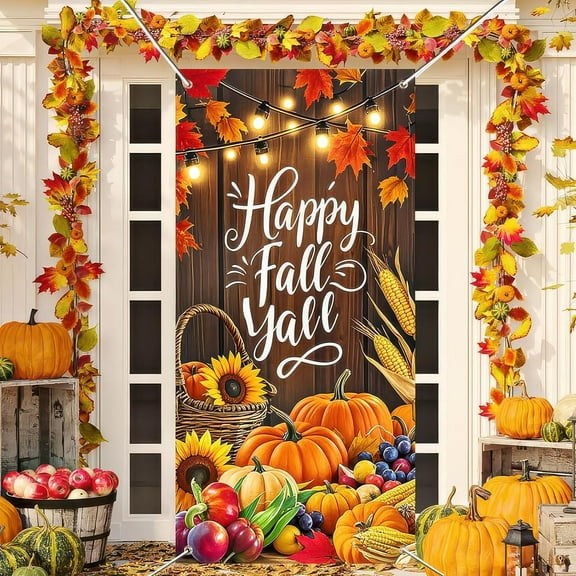 Hello Fall Door Cover Thanksgiving Backdrop Pumpkin Sunflower Wagon Field 71x35 Inch Rustic Autumn Banner for Porch Wall Decor Fall Harvest Photo Booth Props