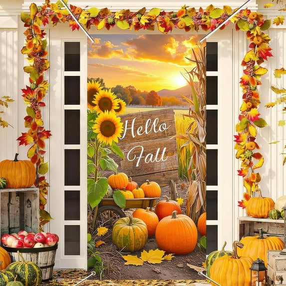 Hello Fall Door Cover Thanksgiving Backdrop Pumpkin Sunflower Wagon Field 71x35 Inch Rustic Autumn Banner for Porch Wall Decor Fall Harvest Photo Booth Props