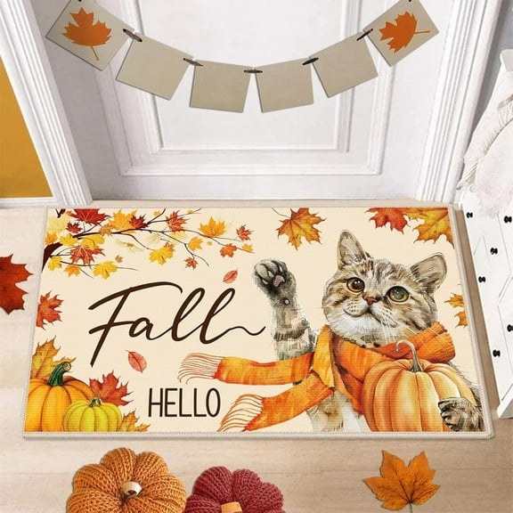 Hello Fall Door Mat Decor 23.6 X 15.7 Inch Fall Cat Pumpkin Maple Leaf Doormat Indoor Outdoor Entrance Floor Mat Non Slip Autumn Thanksiving Decor Fall Welcome Mats Fall Decorations for Home