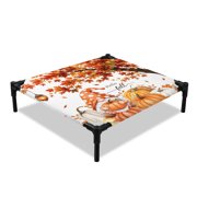 Hello Fall Elevated Dog Bed, Rustic Thanksgiving Gnome Orange Pumpkin Maple Leaf Cooling Breathable Outdoor Raised Dog Cot Bed with Metal Frame Non-Slip Feet for Small Dog 20x20in