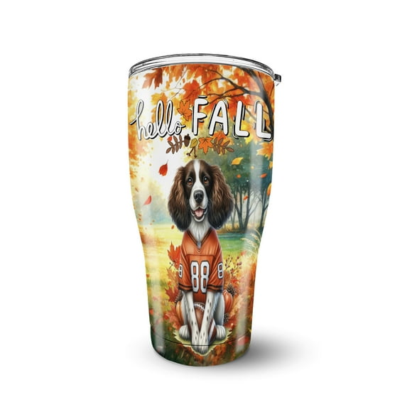 Hello Fall English Springer Spaniel Football Welcome Autumn with Leaves Pumpkins 30oz Stainless Steel Tumbler Insulated Cup with Lid Springers Dog Lover Gifts - 00012