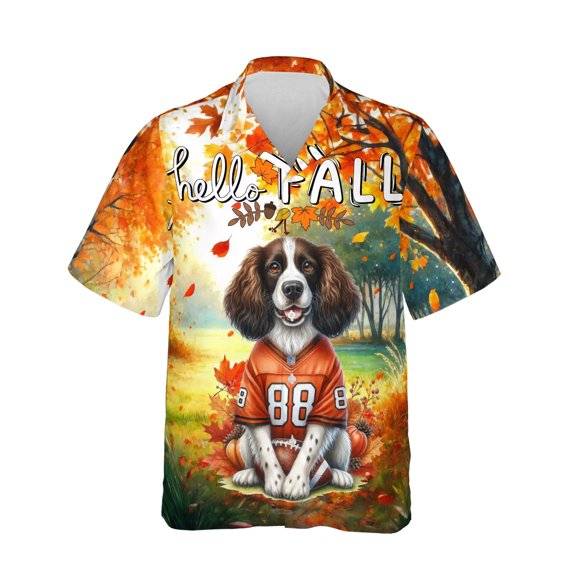Hello Fall English Springer Spaniel Football Welcome Autumn with Leaves Pumpkins Hawaiian Shirt Breathable Summer Unisex Merch Springers Dog Lover Gifts - 00012
