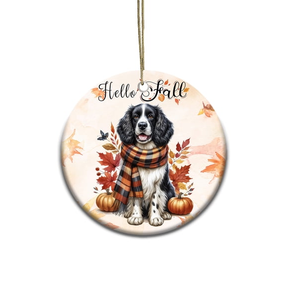 Hello Fall English Springer Spaniel Scarf Welcome Autumn with Leaves Pumpkins Ceramic Round Ornament Springers Dog Lover Gifts Home Tree Decor - 00011