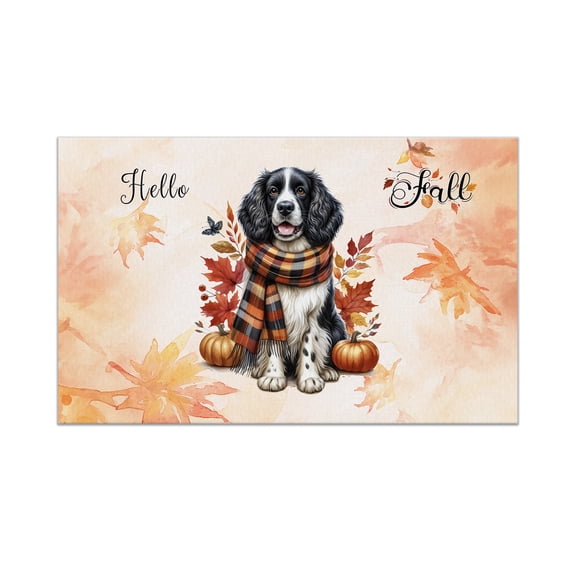 Hello Fall English Springer Spaniel Scarf Welcome Autumn with Leaves Pumpkins Doormat Springers Dog Lover Gifts Indoor Outdoor Welcome Mat - 00011