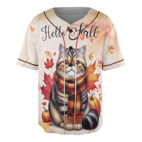 Hello Fall Exotic Shorthair Scarf Welcome Autumn with Leaves Pumpkins All Over Print 3D Baseball Shirt Cat Lover Kitten Owner Gifts Softball Sport - 00011