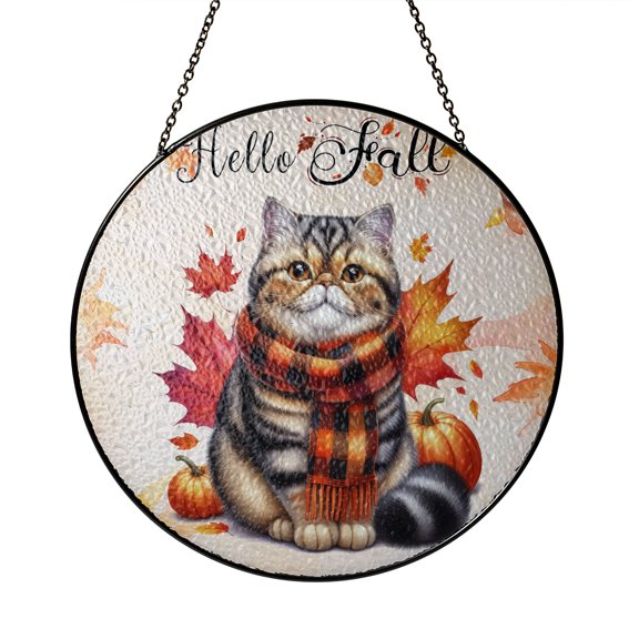 Hello Fall Exotic Shorthair Scarf Welcome Autumn with Leaves Pumpkins Stained Glass Suncatcher Cat Lover Kitten Owner Gifts Window Hanging Sign Decor - 000111