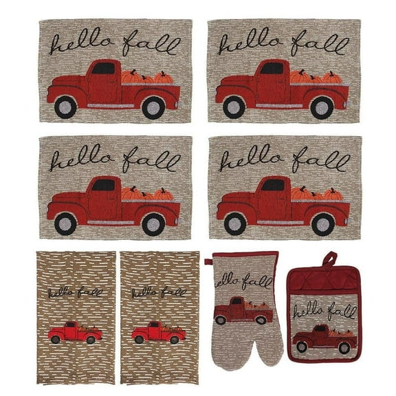 Hello Fall Farmhouse Kitchen Towels Vintage Red Truck Pumpkin Placemats Oven Mitt Pot Holder Autumn Dish Towels 8 piece