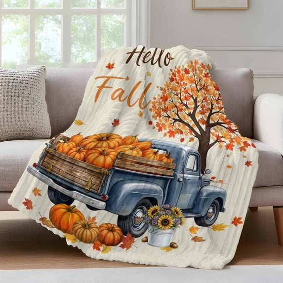 Hello Fall Fleece Throw Blanket for Couch, Rustic Thanksgiving Pumpkin Truck Maple Leaf Tree Microfiber Flannel Blanket, Lightweight Soft Throw Blankets for Women, Girls, Adults, 50"x80"