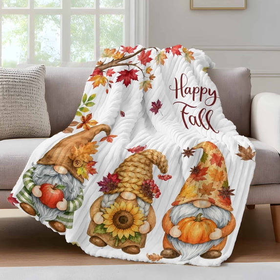 Hello Fall Fleece Throw Blanket for Couch, Thanksgiving Gnomes Mapel Leaf Pumpkins Microfiber Flannel Blanket for All Season, Lightweight Soft Throw Blankets for Women, Girls, Adults, 50"x80"