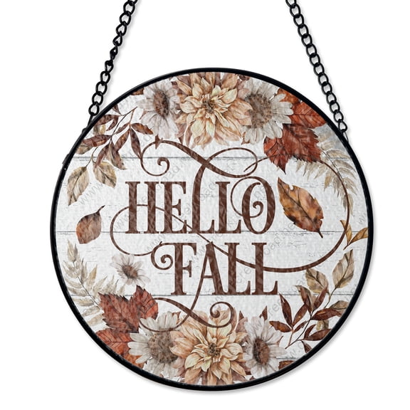 Hello Fall Foliage On White Shiplap Stained Glass Style Suncatcher, UV Printed Glass Autumn Welcome Sign, Round