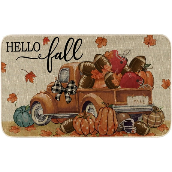 Hello Fall Football Truck Pumpkin Maple Leaves Door Mat 17 x 30 Inch,Seasonal Autumn Harvest Thanksgiving Decorative Doormat Welcome Floor Mat for Indoor Outdoor