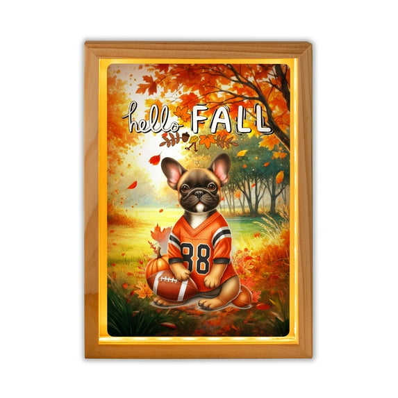 Hello Fall French Bulldog Football Welcome Autumn with Leaves Pumpkins Acrylic Plaque with Wood Photo Frame Box Dog Lover Gifts Light Box - 00012