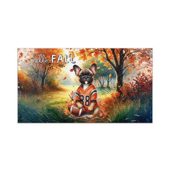 Hello Fall French Bulldog Football Welcome Autumn with Leaves Pumpkins Doormat Dog Lover Gifts Indoor Outdoor Welcome Mat - 00012