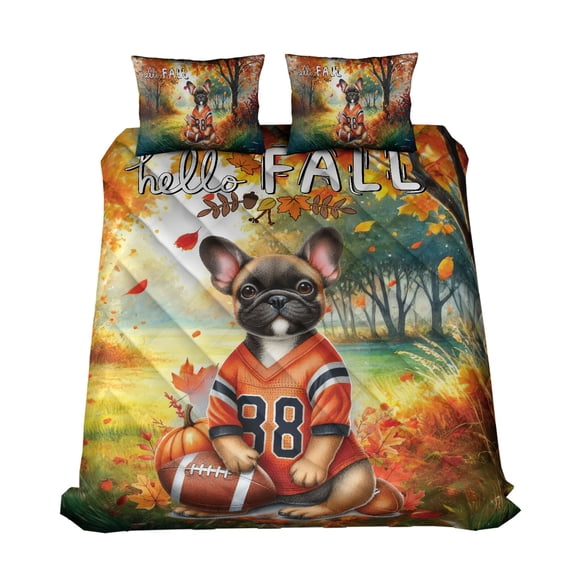 Hello Fall French Bulldog Football Welcome Autumn with Leaves Pumpkins Quilt Bedding Set Dog Lover Gifts 1 Blanket Bed Cover 2 Pillowcases - 00012
