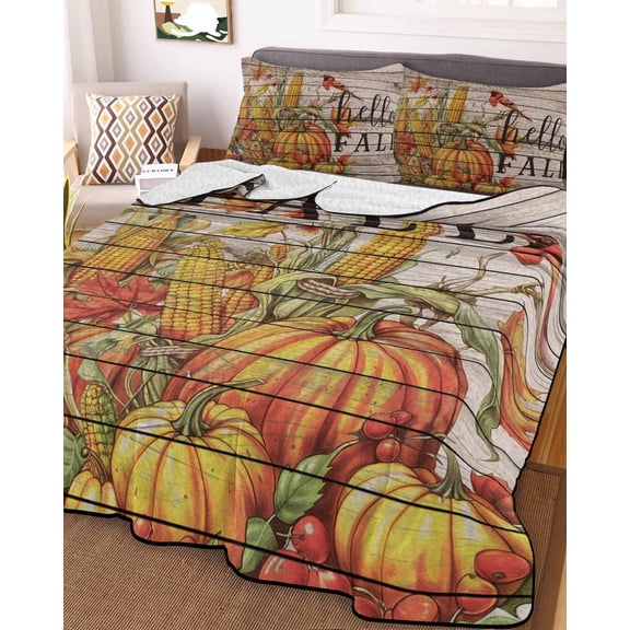 Hello Fall Full Size Down Alternative Comforter, Lightweight Comforter Quilt Bedding Set with Pillow Shams Orange Pumpkins Birds Vintage Thanksgiving All Seasons Bed Comforter Duvet Insert 78"x90"